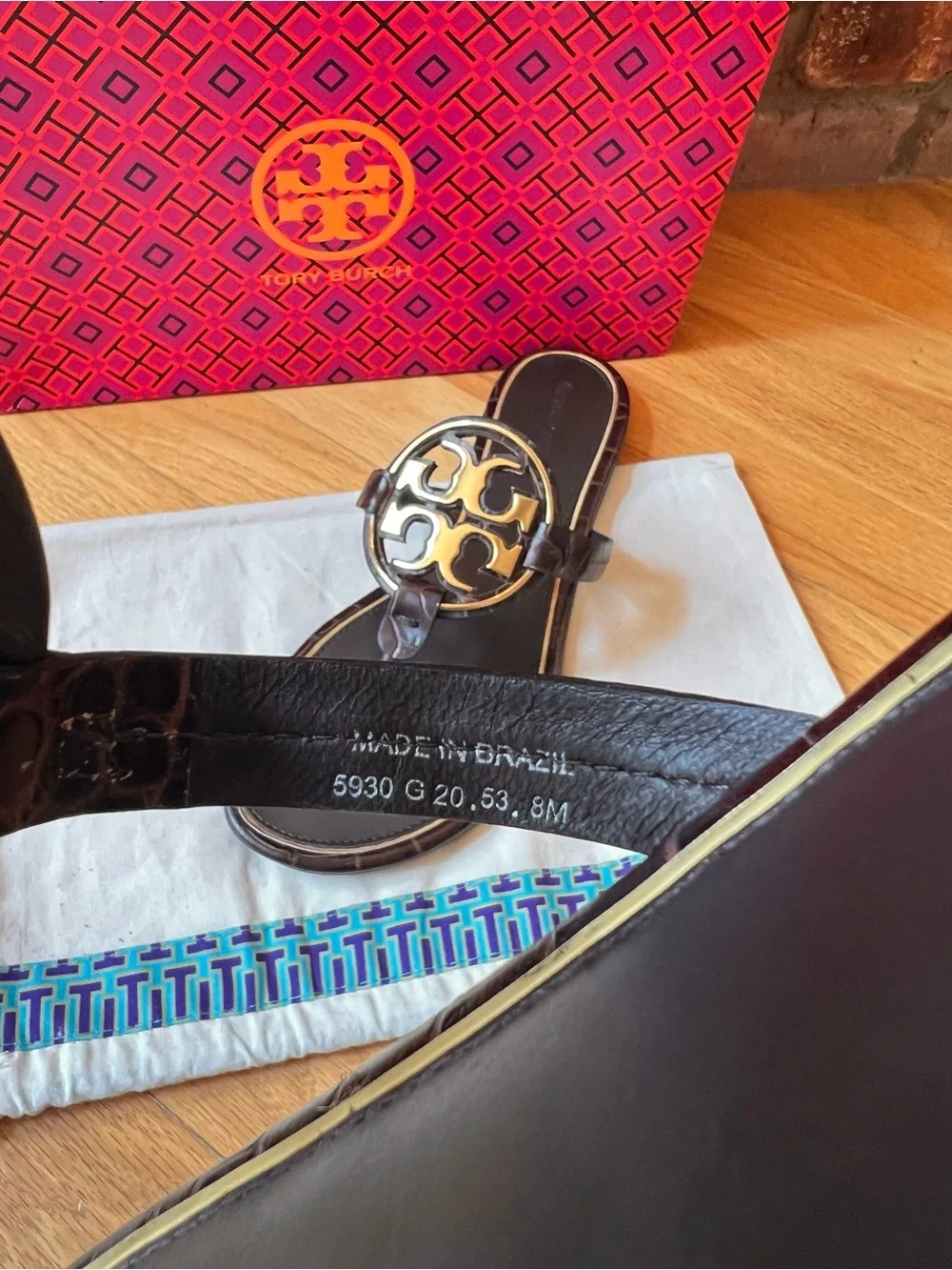 Tory Burch Coco Bark Dark Brown Croco Embossed Leather Metal Miller Sandals